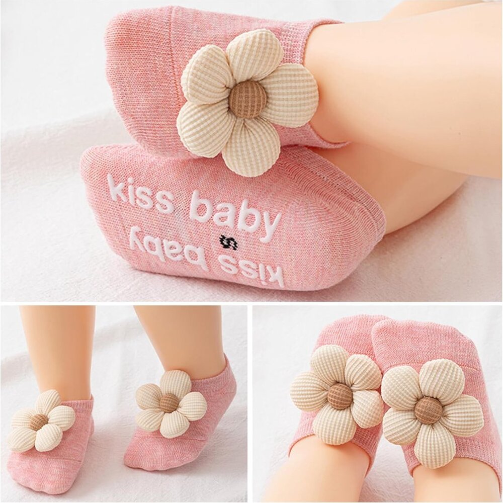 Flower Pattern Non-Slip Ankle Socks for Tiny Feet - 4-Pack for Babies 0-6 Months - Picture 3 of 6